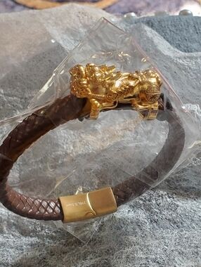 Stainless Steel Faux Leather Sliding Pixiu Charm Bracelet Size 9